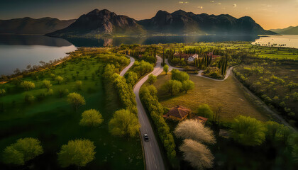 Obraz premium Drohnenaufnahme Landschaft am Gardasee Italien bei Sonnenuntergang Abstrakt Illustration Digital Art Generative AI Hintergrund Cover Kunst