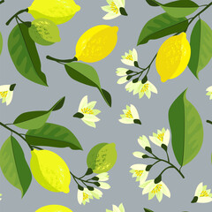seamless pattern flowers and fruits of lemon