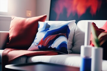 See the throw cushions and blanket on the contemporary couch in this cropped image from the living room. Completely remodeled home. Tend to chill out, idea. At ease in one's own home. The finer points