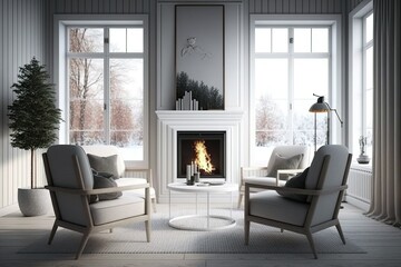 Fototapeta premium Roomy armchairs in front of a warm fireplace in a homey living room. Generative AI