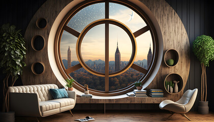 Stylish room design, Living room with a round window, interior design for apartments 