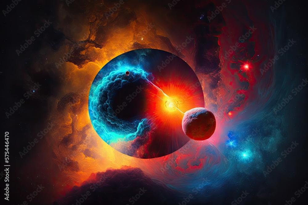 Poster background with space. red and blue nebula with a star field and a sun. paint by numbers. generative