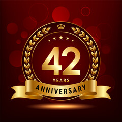 42th Anniversary logo design with golden number and laurel wreath for anniversary celebration event, invitation, greeting card, banner, poster, flyer, flyer. Logo Vector Template