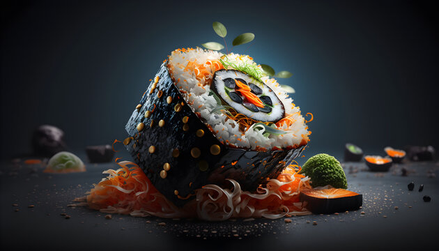 epic photo of sushi on dark background, promotional photo of sushi on dark background, studio lighting