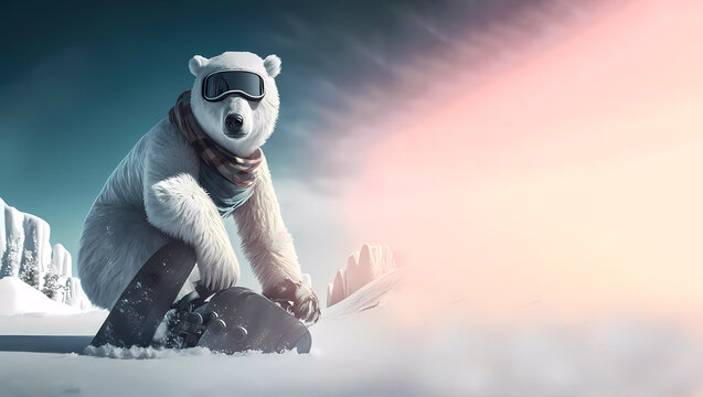 A polar bear snowboarder wearing a mask and scarf is snowboarding. Beautiful mountains background. Banner. Banner. Copy space. Generative AI