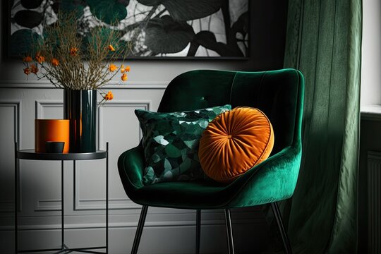 Chair Upholstered In Emerald Green Velvet, Complemented By An Orange Throw Pillow, Placed Next To A Coffee Table In A Corner. Generative AI