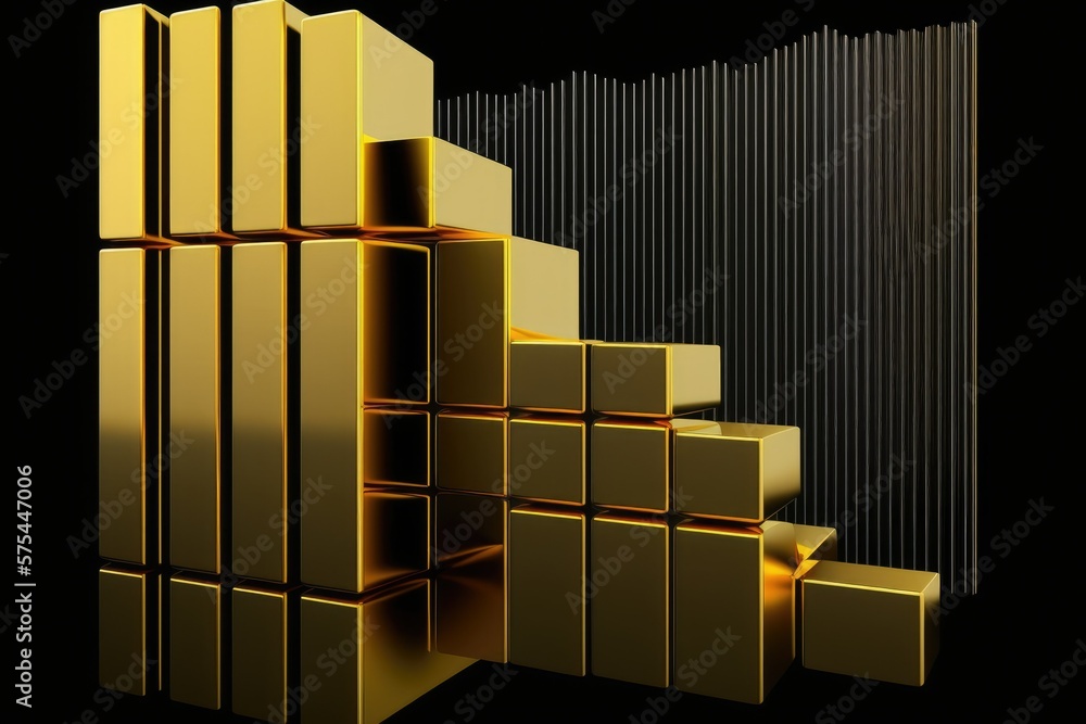 Poster graph of gold bars superimposed on a black background. vertical representation of a horizontal finan