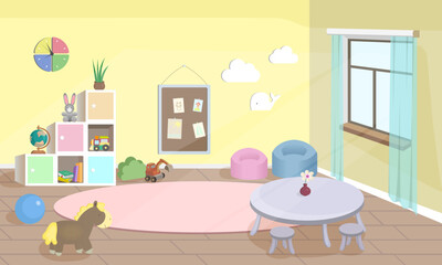 Playroom, kindergarten vector illustration. Empty cartoon background with child toys, table and boxes. Modern room with sunlight from window, furniture and toys for kids