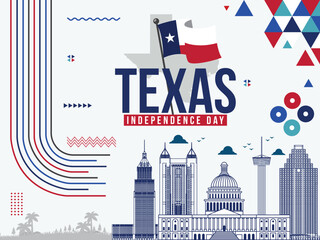 Texas Independence Day banner with Texas flag, colors theme background, Texas Map with Landmarks, Independence Day Geometric Abstract design Vector Illustration