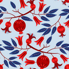 seamless pattern flowers and fruit pomegranates
