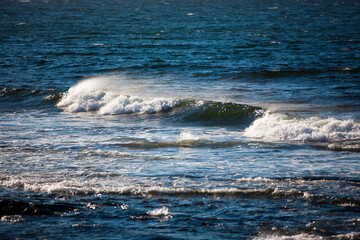 Waves forming and breaking in the Ocean by the shoreline.