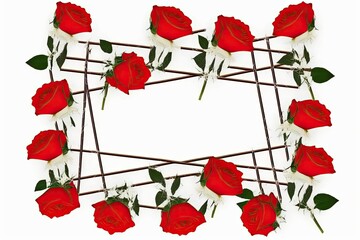 Roses arranged on a framework, with a white background. Lie flat. Generative AI