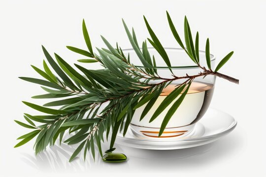 Photograph of a new tea tree branch with its essential oil, isolated on white. Oil of tea tree (Melaleuca alternifolia). Generative AI