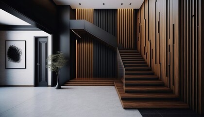 Modern interior, wooden stairs, staircase 