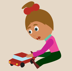 The girl is playing with a red toy car