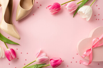 Women's Day concept. Top view photo of pink heart shaped giftbox with bow tulips beige high heel shoes and sprinkles on isolated pastel pink background with copyspace in the middle