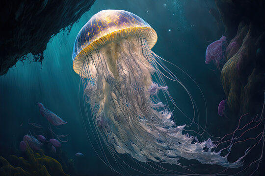  Jellyfish Glowing in the Dark Depths of the Ocean - Digital Painting - Generative AI