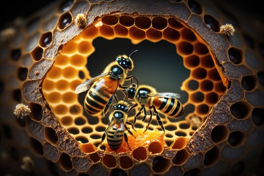 Close-up illustration of bees inside a hive of honey. AI Generation