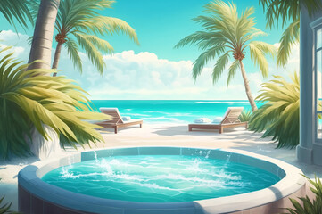 Jacuzzi tub on beach with palm trees - obrazy, fototapety, plakaty