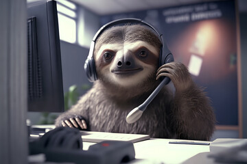Sloth as a customer service assistant at his desk at work. Generative AI