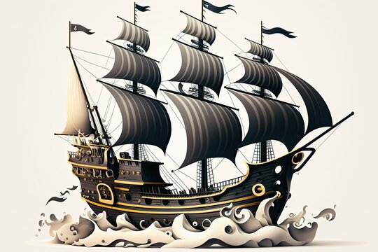On a white background, an illustration of a pirate ship. Generative AI