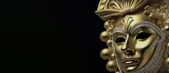 Golden realistic venetian, mask isolated on black.  Carnival attribute. Anonymous or privacy concept, copy space, Created using generative AI tools.