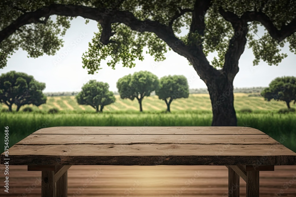 Poster empty wooden table with trees and a farm in the backdrop, suitable for product displays or montages.