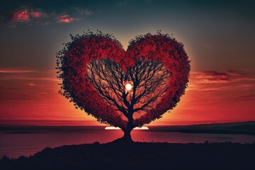 Heart Tree Love For Nature Red Landscape At Sunset. Generative AI