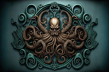 Ornate Victorian Octopus Wall Medallion - Abstract Illustration - Generative AI