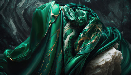 Obraz premium Green silk fabric with gold accents on a white marble stone against a green wall with stains. High quality illustration. Generated Ai