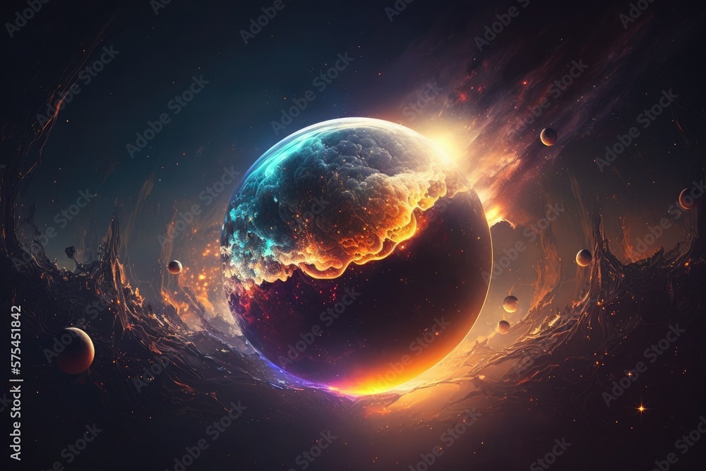 Poster universe is an abstract fantastical space. nebula and stars in the background. luminous flashes in s