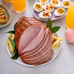 Traditional Easter ham on the table served with brunch