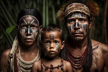 Indigenous family from amazon made with Generative AI - obrazy, fototapety, plakaty