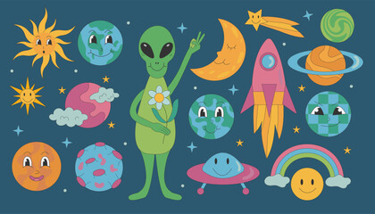 Groovy different planets with character and alien, sun, moon on a dark background in retro style. Cartoon style. Object with characher.