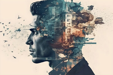 Building engineering thinking and projecting his vision. Double exposure illustration and design made with Generative AI