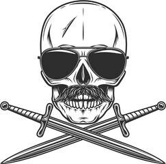 Skull in sunglasses with mustache and crossed sword Isolated on white background monochrome illustration