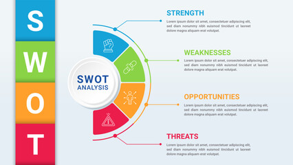 Circular SWOT Analysis Infographics Diagram with Four Steps or Options. Business Advantages and Disadvantages. Colorful Presentation Template for Planning, Management, and Evaluation of Project.