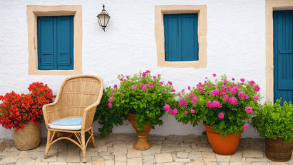 whicker chair at spanish east coast house with whitewashed walls wooden doors and windows with some beautiful colorful flowers staying outdoors, generative AI