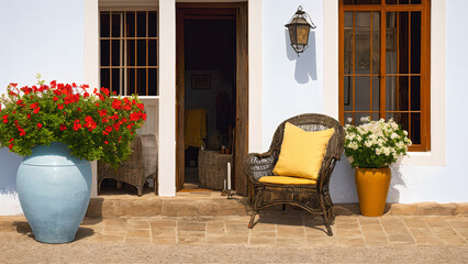 Fototapeta na wymiar whicker chair at spanish east coast house with whitewashed walls wooden doors and windows with some beautiful colorful flowers staying outdoors, generative AI