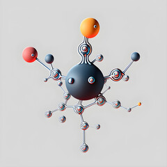 Fantasy molecule with inspires by methane with one large atom in the centre and multiple smaller atoms on the sides
