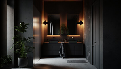 Luxury dark bathroom with warm backlight, loft, Generative AI