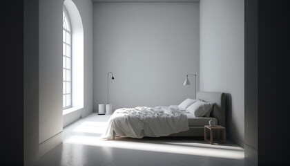 Fototapeta na wymiar Modern clean white bedroom with arch window, empty wall, Generative AI