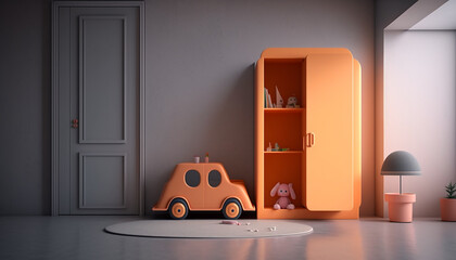 Bright orange children room concept with toy car, Generative AI