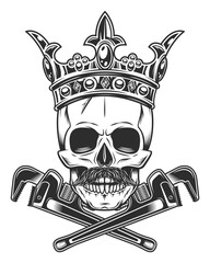 King skull in crown with mustache with construction wrench for gas and builder plumbing pipe or body shop mechanic spanner repair tool in monochrome style isolated vintage vector illustration