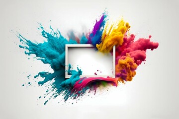 Fototapeta na wymiar Empty blank frame with colorful powder paint explosion. Generative AI
