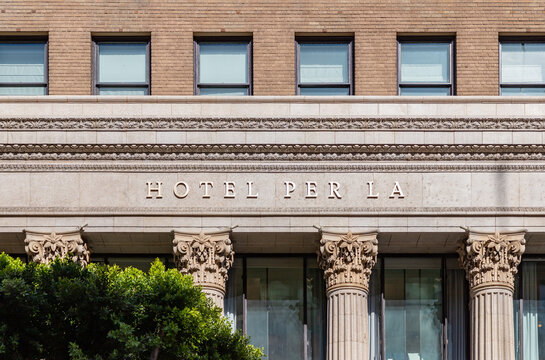 Los Angeles, United States - November 18, 2022: A close-up picture of the Hotel Per La in Downtown Los Angeles.