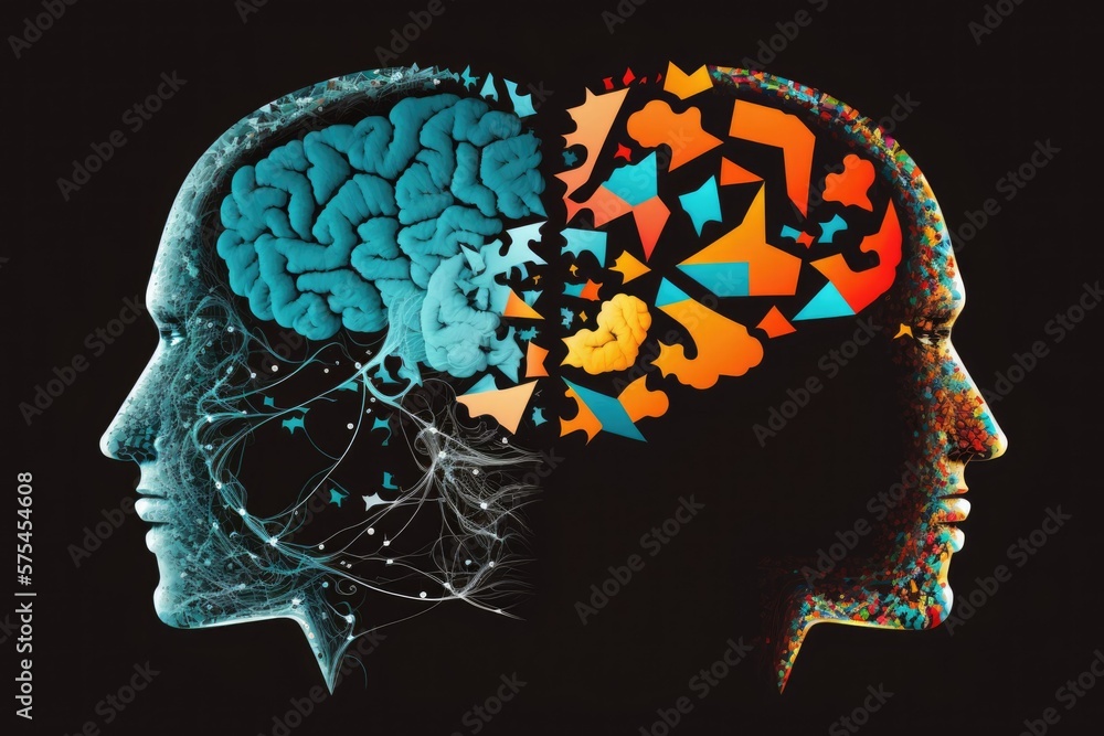 Poster integrating right and left brain processes, concept of brain activity and logical reasoning. generat