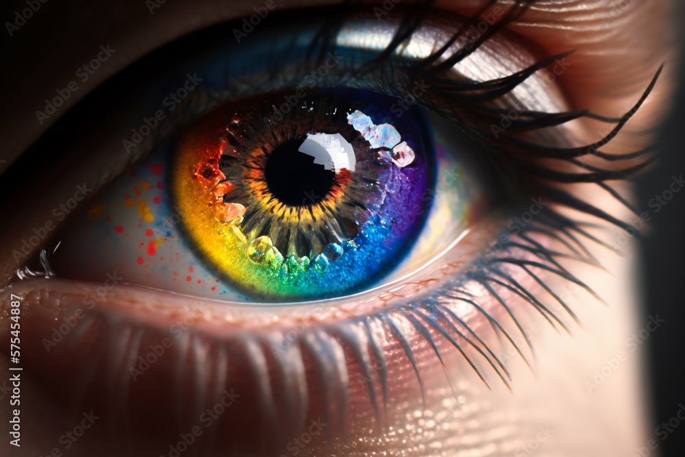 Wall mural female eye closeup with rainbow pupil. generative ai