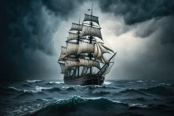 Fototapeta premium Shipsman barque Black sea pirate ship in the middle of a gloomy storm. Generative AI