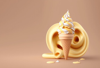 Delicious ice cream in a waffle cone, with creamy swirl and yellow icing.Decorated with abstract milk splashes isolated on the pastel background. Copy space. 3d render illustration. Generative AI art.